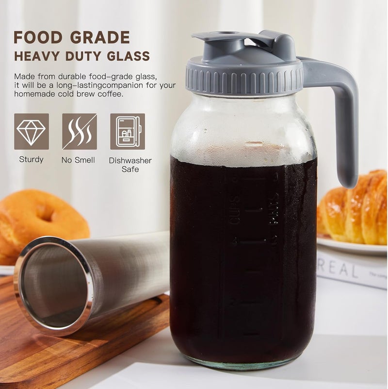Xylanor Cold Brew Coffee Maker Pitcher, 64 OZ Heavy Duty Glass Wide Mouth Mason Jar Pour Spout Airtight Lid with Stainless Steel Infuser Filter for Iced Coffee, Ice Tea, Brewed Making - Image 5